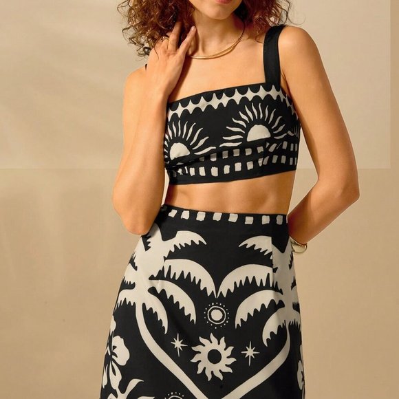 Black Boho Women's Coconut Print Cropped Cami Top And Fitted Maxi Skirt Set - Picture 5 of 7